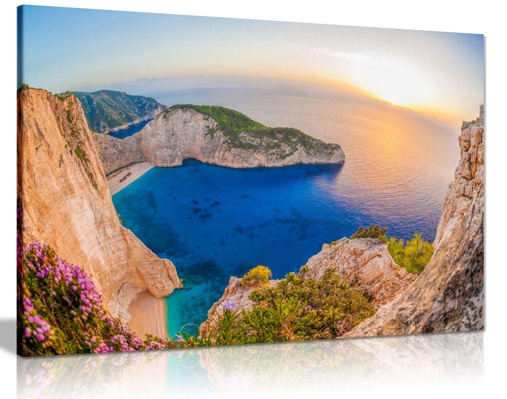 Lmovutcom Beach With Shipwreck Picture Print Poster, Against Sunset On Zakynthos Island Greece Canvas Wall Art, Decor for Home,Living room,Office,Hallway, Unframed