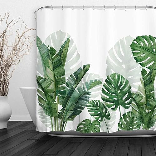 Miniatura 2 de Baccessor Cortina de ducha de plantas verdes tropicales, impermeable, tela lavable, decoración de baño de verano, plátano, hoja de Monstera, cortina