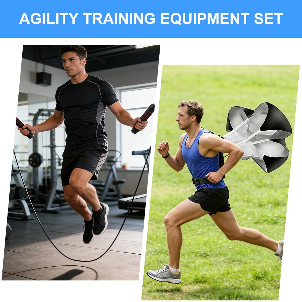 Set da allenamento per calcio, 6 aste slalom, scala di coordinazione 6 m, 12 cappelli, corda per saltare, paracadute di resistenza, set completo per allenamento di coordinazione
