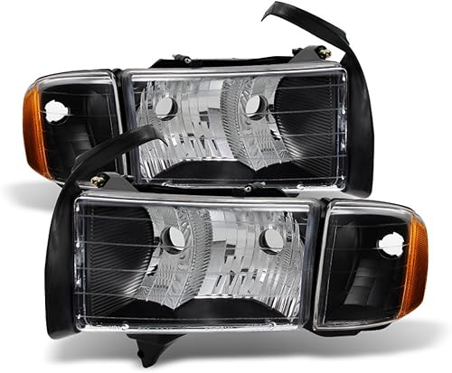 ACANII - Para 1999 2000 2001 Dodge Ram 1500 Sport Modelo Negro Faros con Luces de Esquina Par Izquierdo+Derecha
