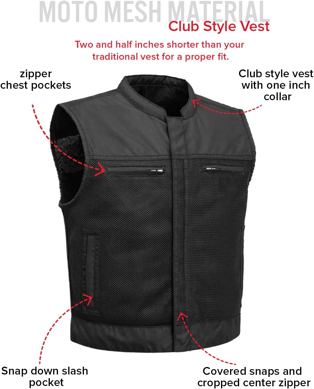 First Mfg Co Lowrider Mens Motorcycle Biker Riding Armor Club Style Black Leather, Twill, Moto Mesh, Perforated Vest