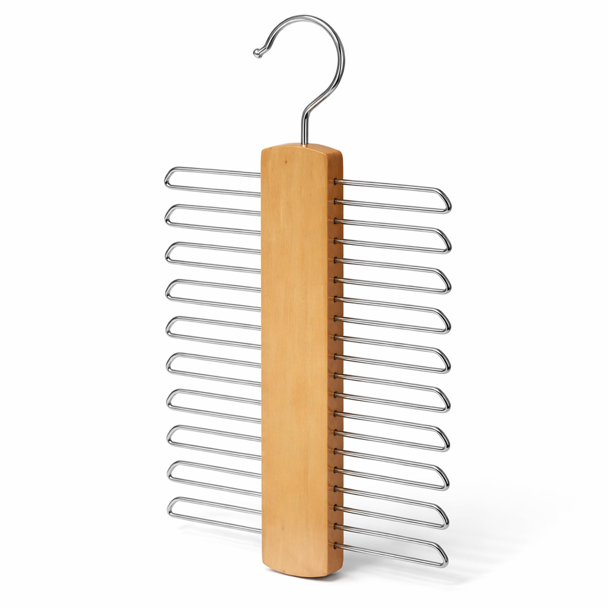 Premium Wooden Tie Hanger for Wardrobe, 360° Swivel Hook, 20 Non-Slip Chrome Bars – Tie Organiser – Tie Rack Holder for Ties, Belts & Scarves Storage