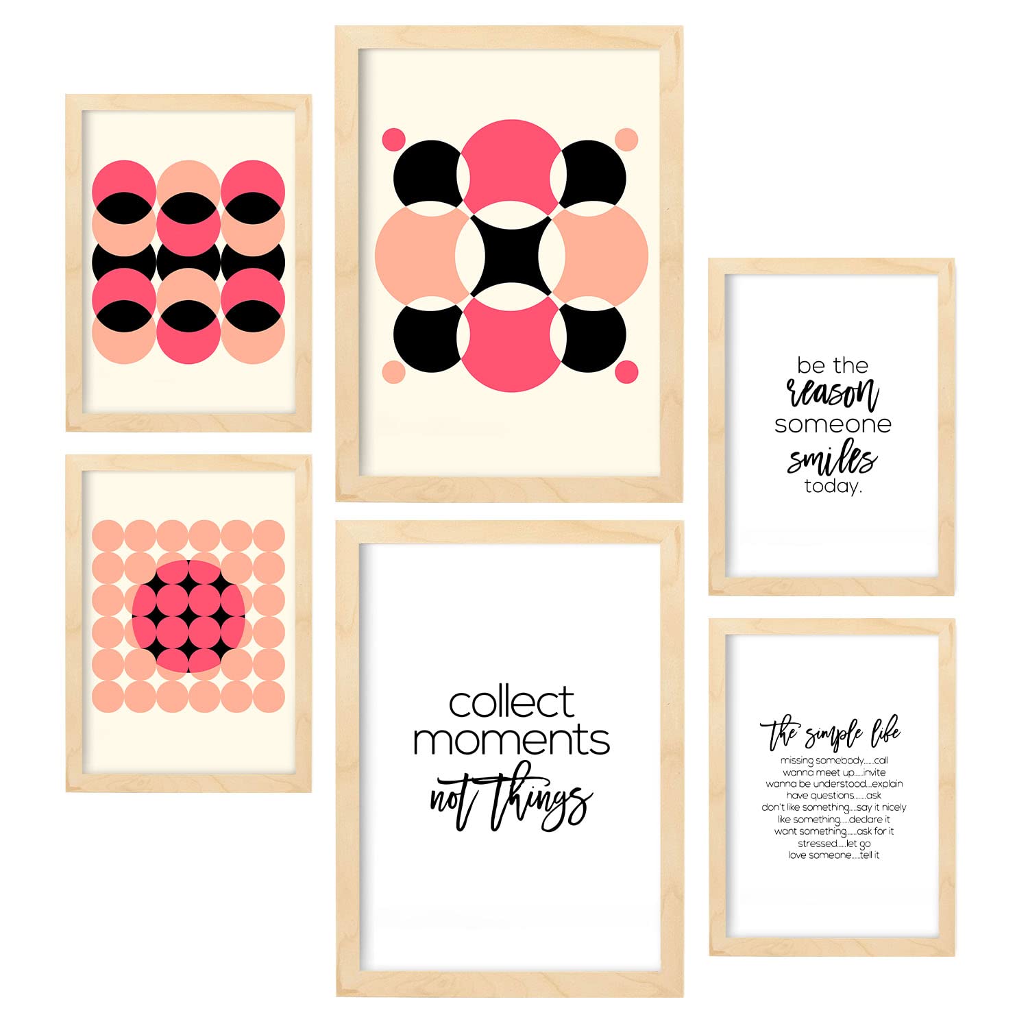 Nacnic Set of 6 Black and pink posters. Collection of posters in collage aesthetic for interior decoration. Sizes A3 and A4. Wooden frame.