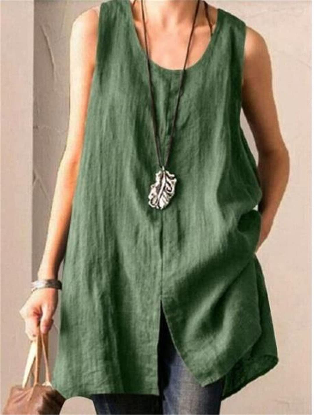 Lmtossey Camicia da donna in cotone e lino, stile vintage, per feste primaverili ed estive, senza maniche, con spacco