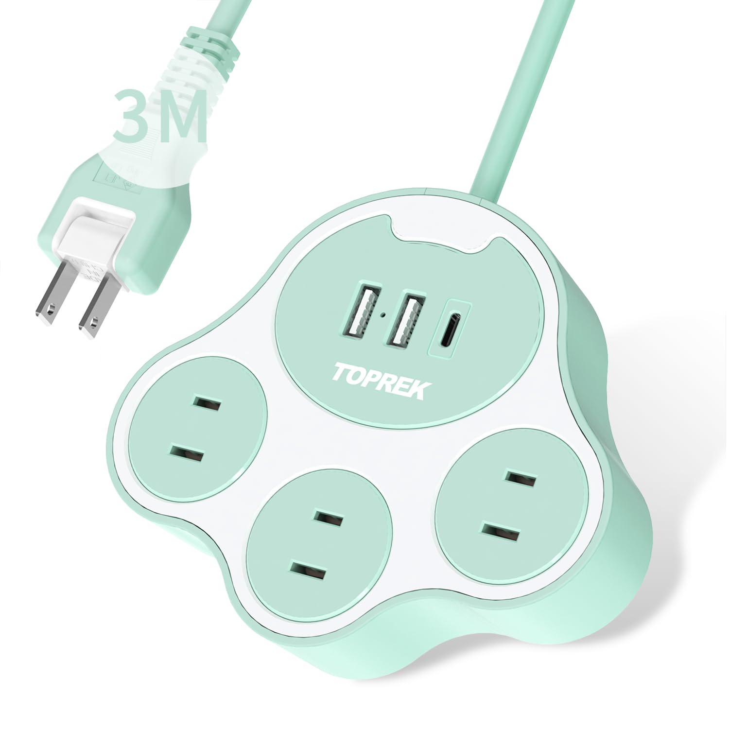 TOPREK 猫の足型 電源タップ グリーン USB コンセント 延長コード 3M 3個AC口 2個USB-Aポート 1個USB-Cポート(USB-C 20W PD3.0 急速充電) 1500W/12A 180°スイングプラグ 雷サージガード オフィス/家庭用/卓上小型軽量出張/旅行(付：強力両面アクリル)