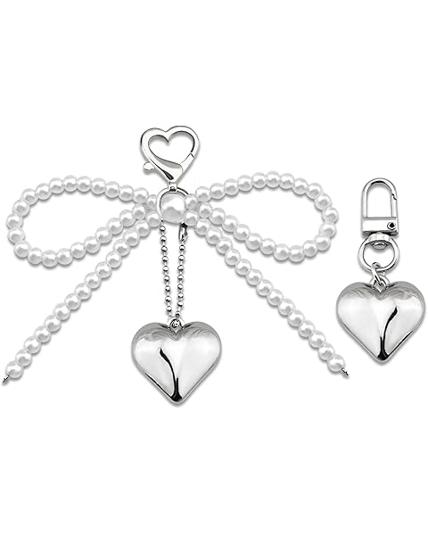 ICHRATI Y2k Keychain Accessories 2Pcs Silver Heart Pendant Pearl Bow Key Chain Phone Charm Sweet Bow Cute Keychains for Women Purse Bag Charms Key Rings for Car Keys Bowknot Keyrings
