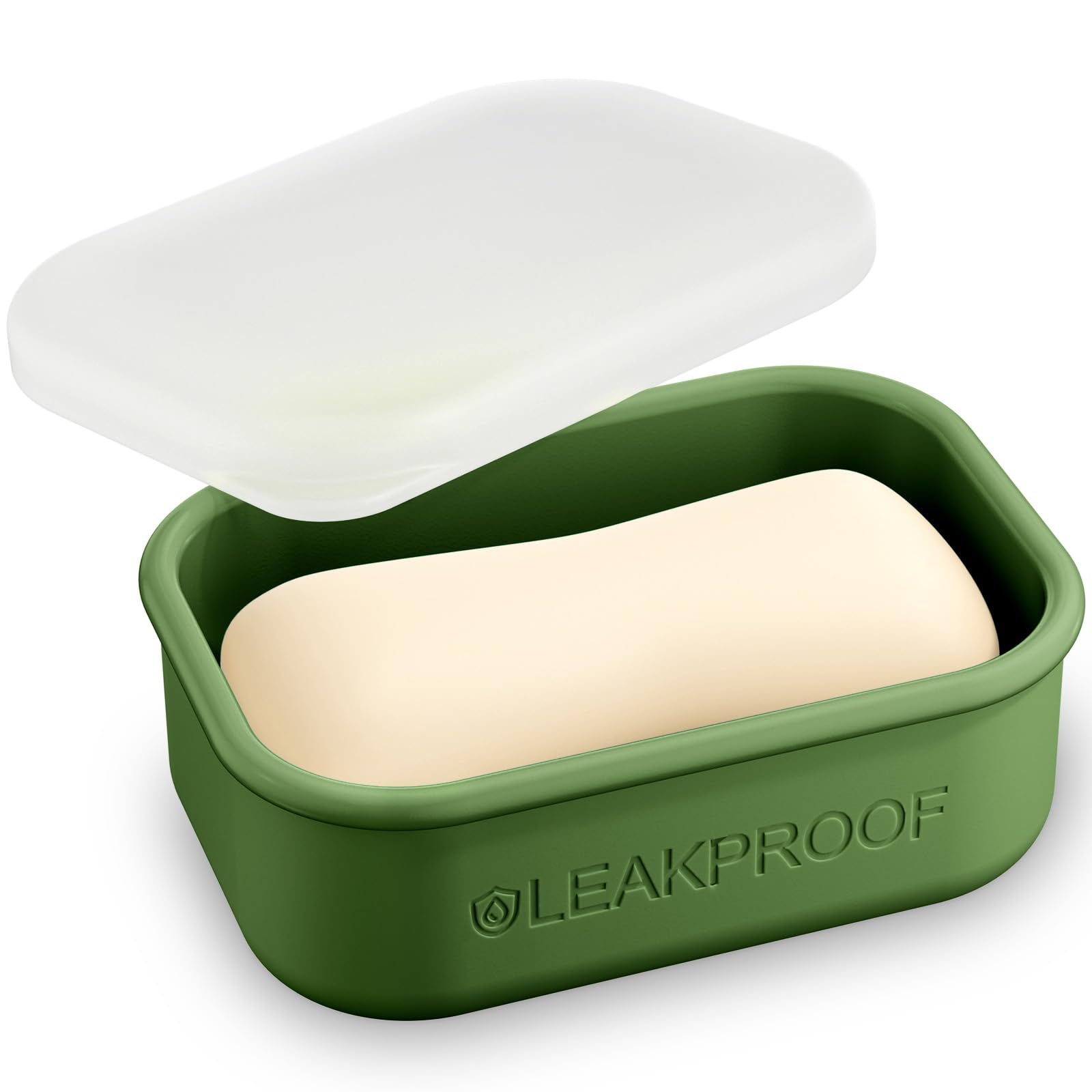 The Quatish Compact Leakproof Travel Soap Case in green, showcasing its internal drainage layer for keeping soap dry.