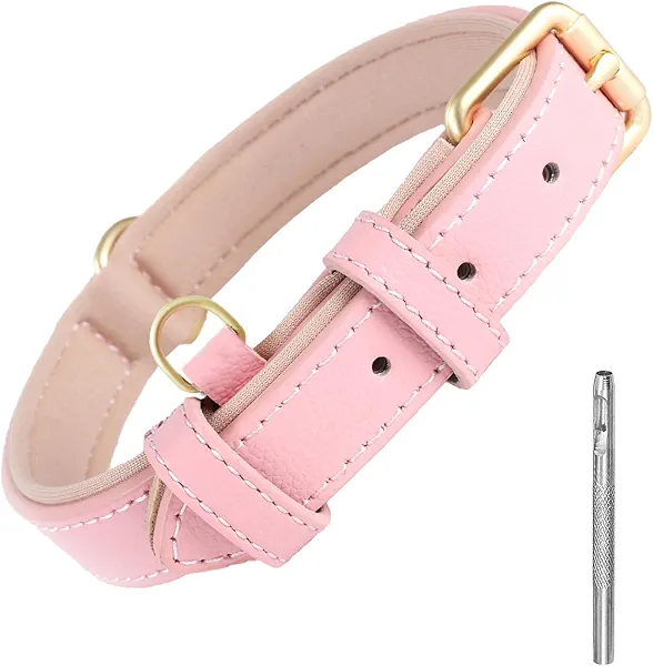 Lmlpt Leather Dog Collar Soft Padded Heavy Duty Strong Collars Comfortable Basic Pet Collar with Adjustable Rust-Proof Metal Buckle Best Gift for Small Medium Large Dogs,Pink,L