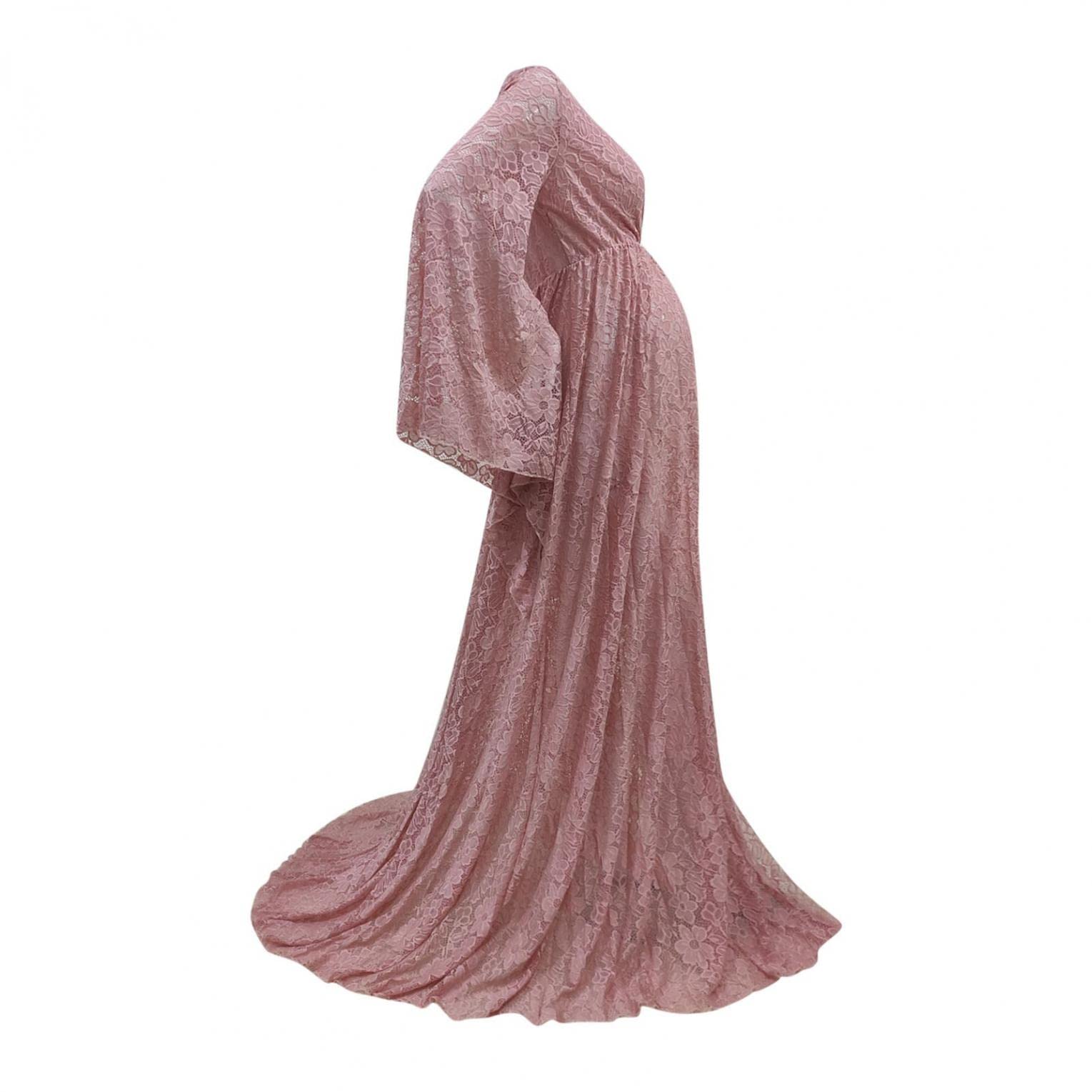 Schwangerschaftskleid Shooting Foto V-Ausschnitt Ausgestellte Ärmel Spitze Transparent Schwangerschaftskleid Boho Maxi Schwanz-Kleid mit geteiltem Schwanz lockerer Größe