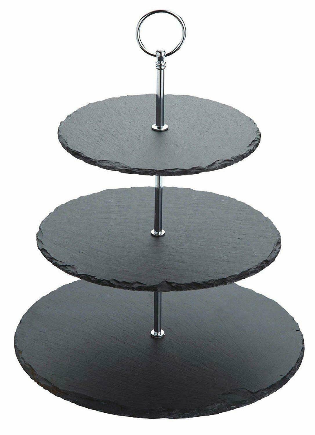 True Face Black 3 Tier Cake Stand - Sturdy Natural Slate Afternoon Tea & Party Display For Cakes, Cupcakes, Sandwiches & Buffet Platters | Perfect For Weddings, Birthdays & Celebrations