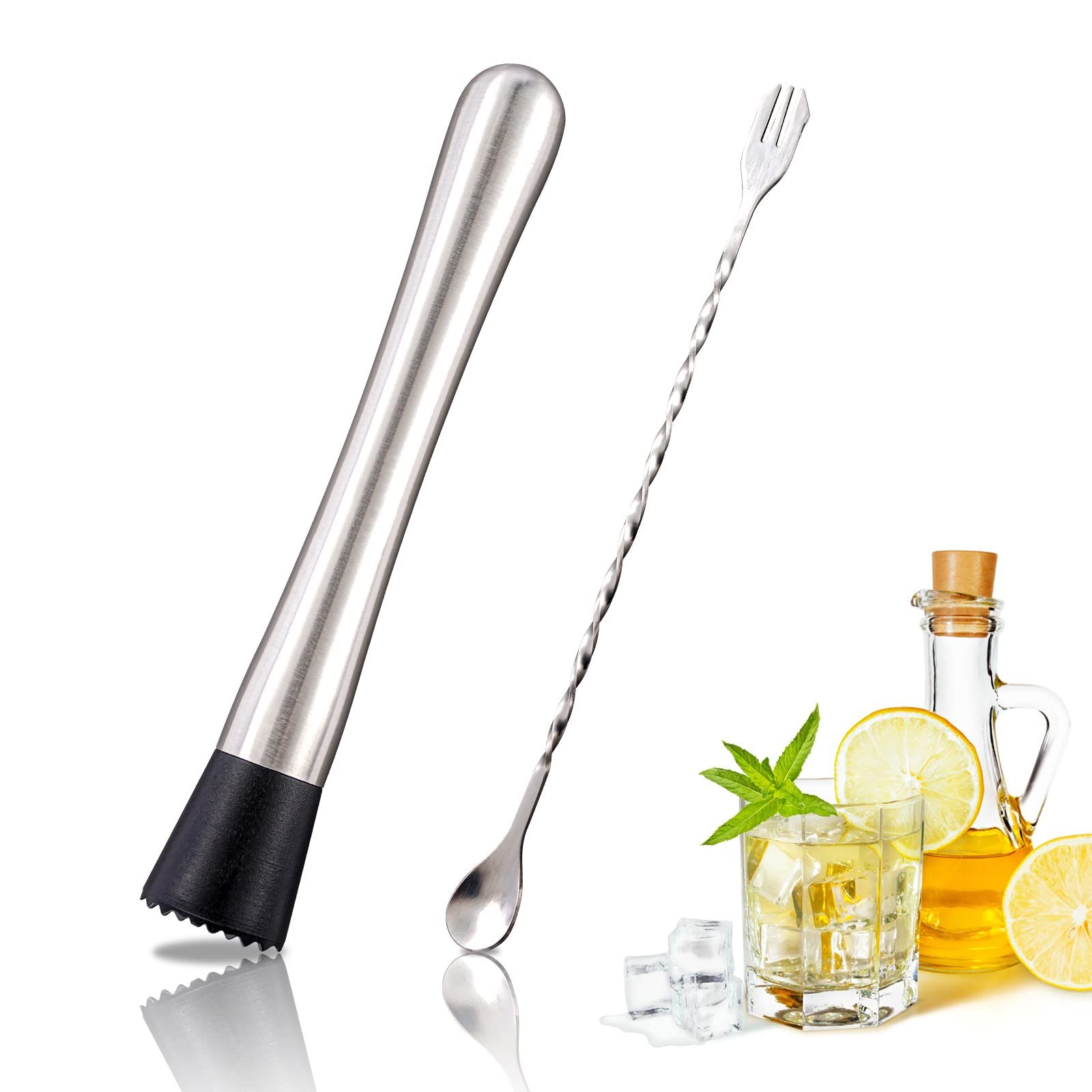 Verre Mojito Pilon à Cocktail En Inox - Set Bar Avec Cuillère Mélangeuse Kit Cocktail