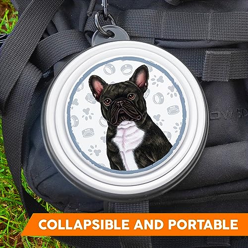 FRANZÖSISCHE Bulldogge SCHWARZ - Falt, Tragbarer Trinknapf mit Karabiner für Unterwegs. Futternapf, Haustierschüssel. Handlich und Einzigartig.