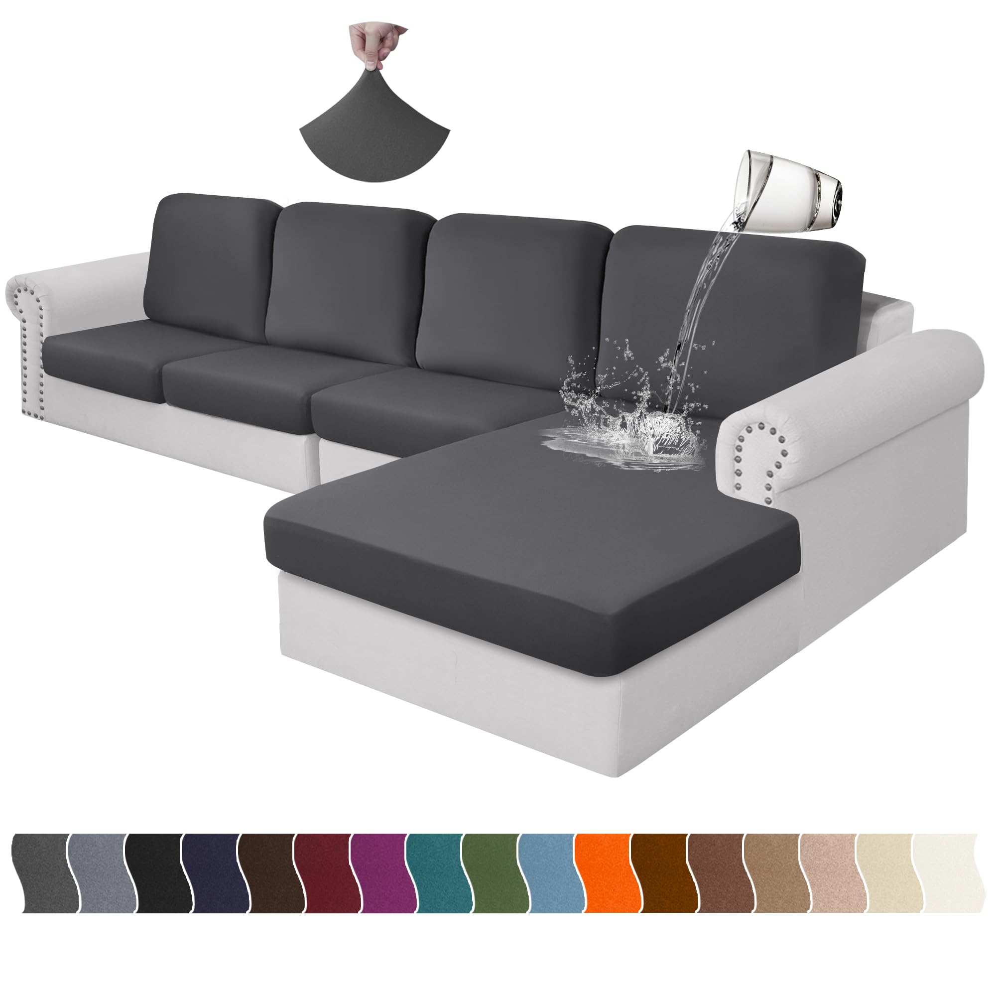Arfntevss 100% Waterproof Sectional Couch Covers L Shape Couch Cushion Covers with Chaise Stretch 5 Seat Slipcover Anti-Slip Sofa Cover Protector (3 Seat Covers 4 Backrest Cover 1 Chaise, Dark Gray)