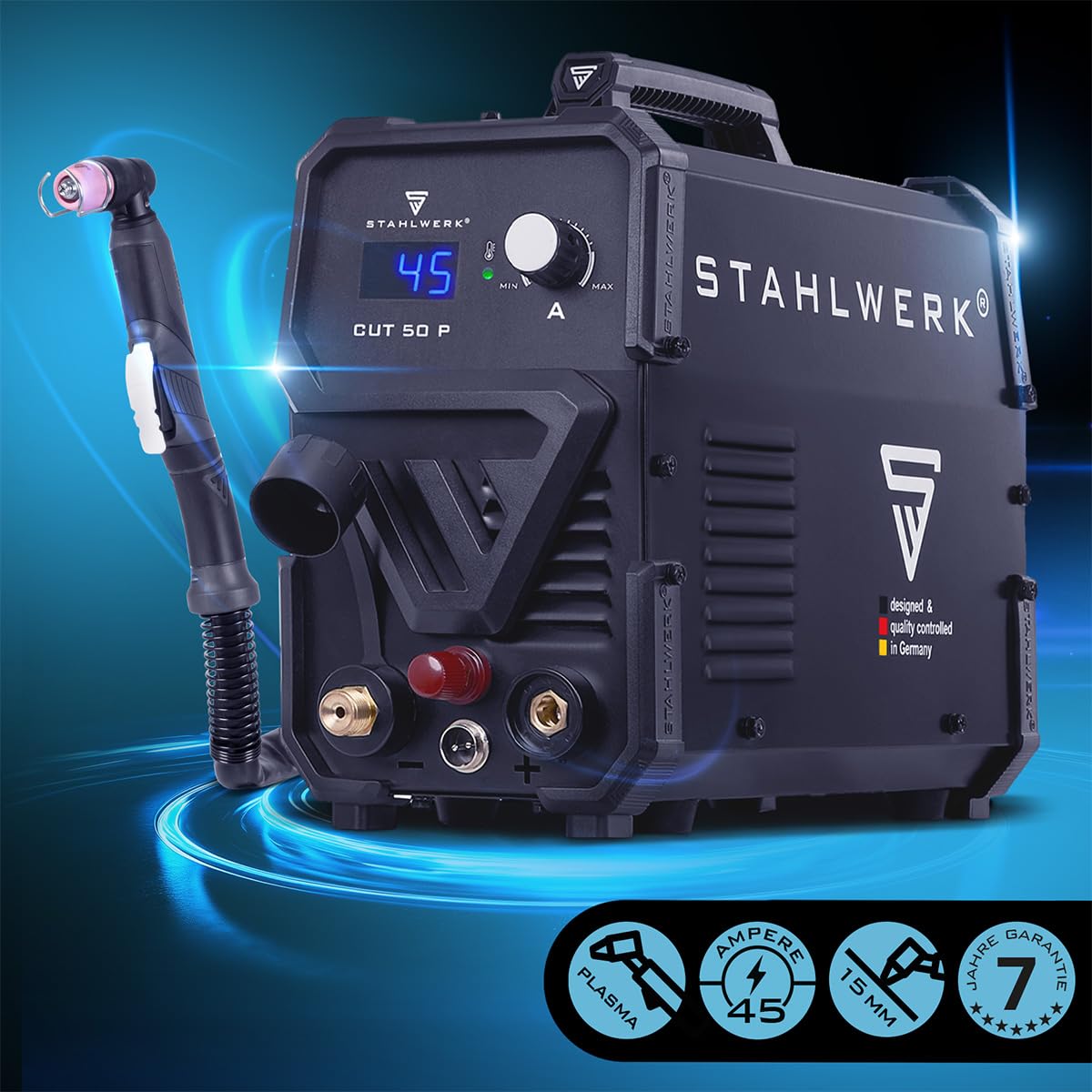 STAHLWERK Plasmaschneider CUT 50 P – Plasmaschneidgerät mit 15 bis 45 A, Schneidleistung bis 15 mm, Plasma Cutter mit HF-Pilotzündung, Smart-Kühlung, einfache Bedienung mit viel Zubehör