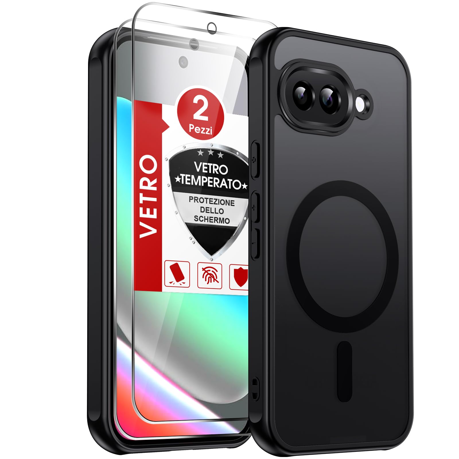 LeYi Cover Magnetica per Google Pixel 9A con 2 Vetro Temperato(Nero)
