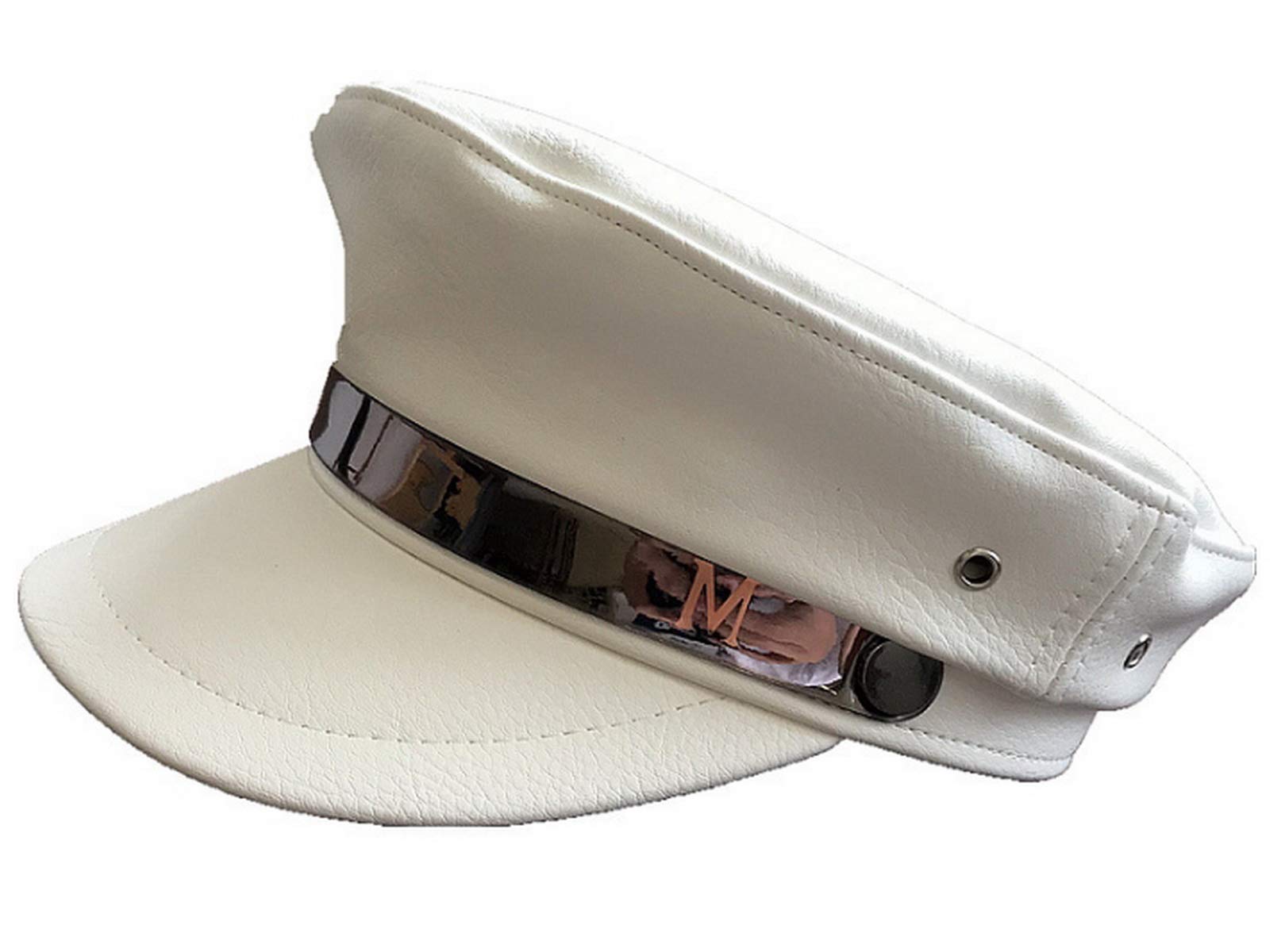 Brcus Women's White Yacht Captain Sailor Hat Pu Newsboy Cabbie Baker Boy Peaked Beret Cap - Medium