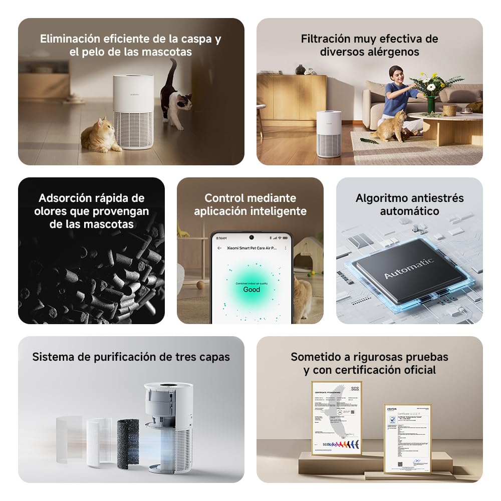 Xiaomi Smart Air Purifier for Pets, entrada 360° para pelo y caspa, carbón activo para olores de mascotas, Auto silencioso apto para mascotas, sensor láser, app y Alexa