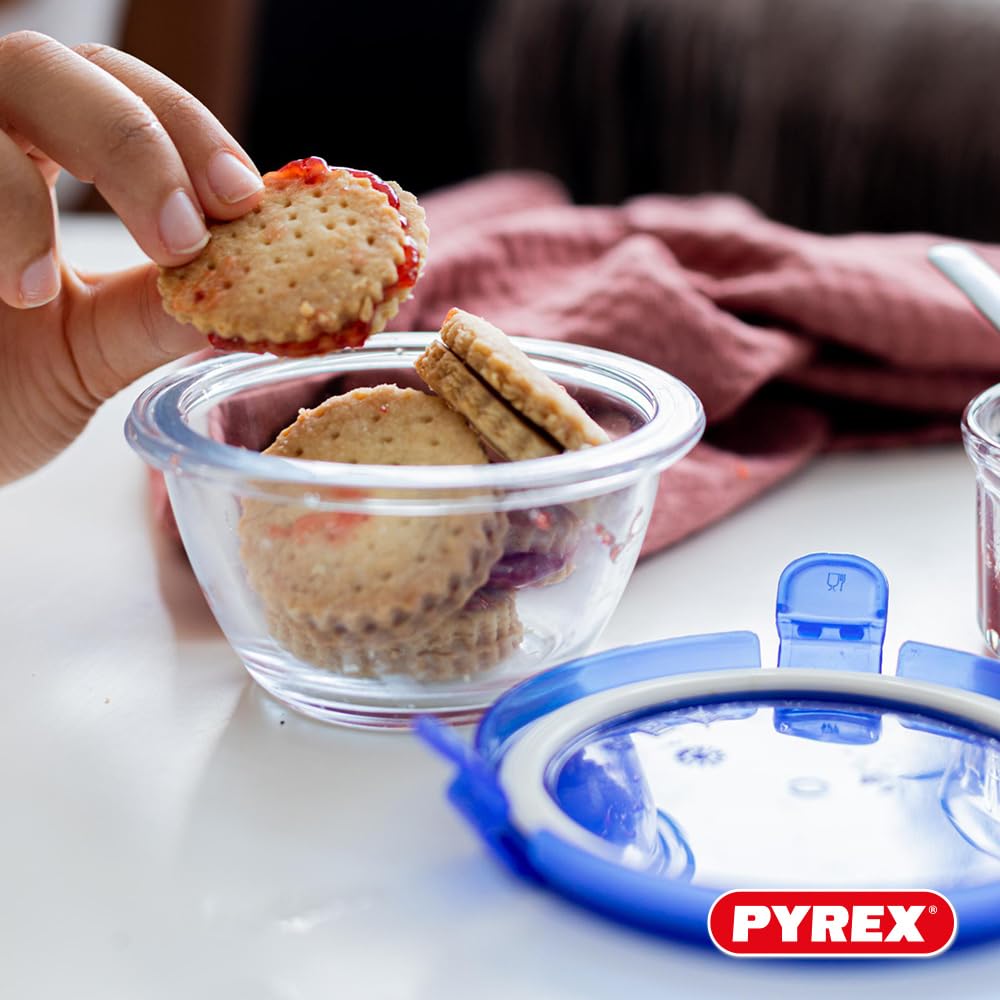 Pyrex® - Set di 5 barattoli rotondi in vetro con coperchi blu ermetici e impermeabili - 0,2L - Senza BPA