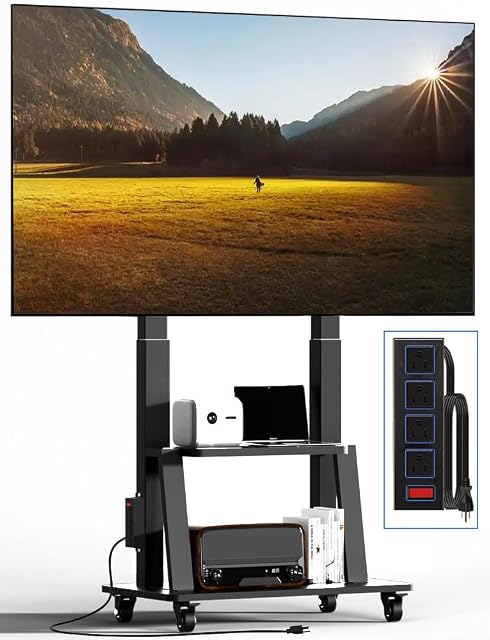 Mobile TV Roulement des chariots TV Stand avec Power Outlet pour 42 à 100 télévision lourde portable de pouce TV Sur les roues, réglage de la hauteur, maintien jusqu'à 180 LBS, Vesa 200×200-900×600mm