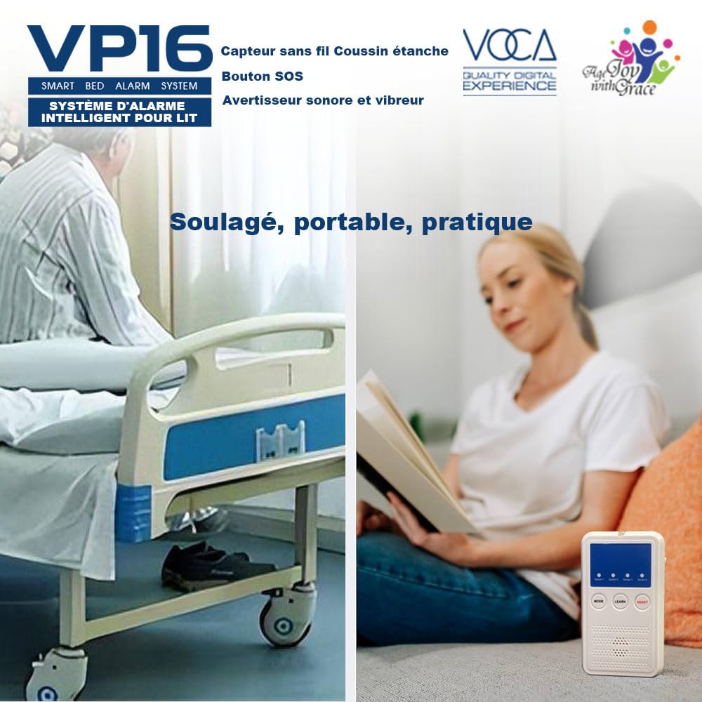 Alarme de lit VOCA VP16 sous matelas pour personnes âgées, tapis de détection sans fil avec alerte précoce et téléavertisseur, alarme de sécurité pour lit, prévention des chutes, pour personnes âgées