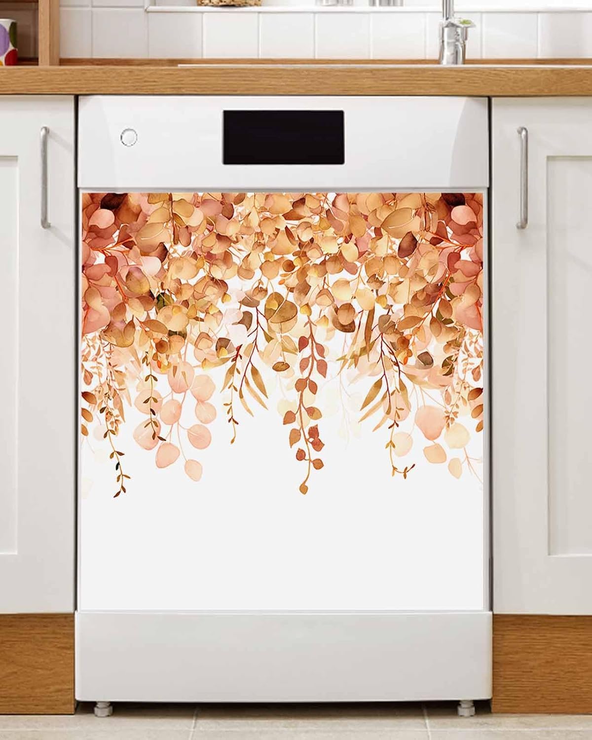 Dishwasher Magnetic Cover, Teal Eucalyptus Leaves Retro Plant Leaf Magnet Dishwasher Door Cover Refrigerator Decal Panel Kitchen Appliances Decor Stickers, Easy Clean, 23" Wx26 H