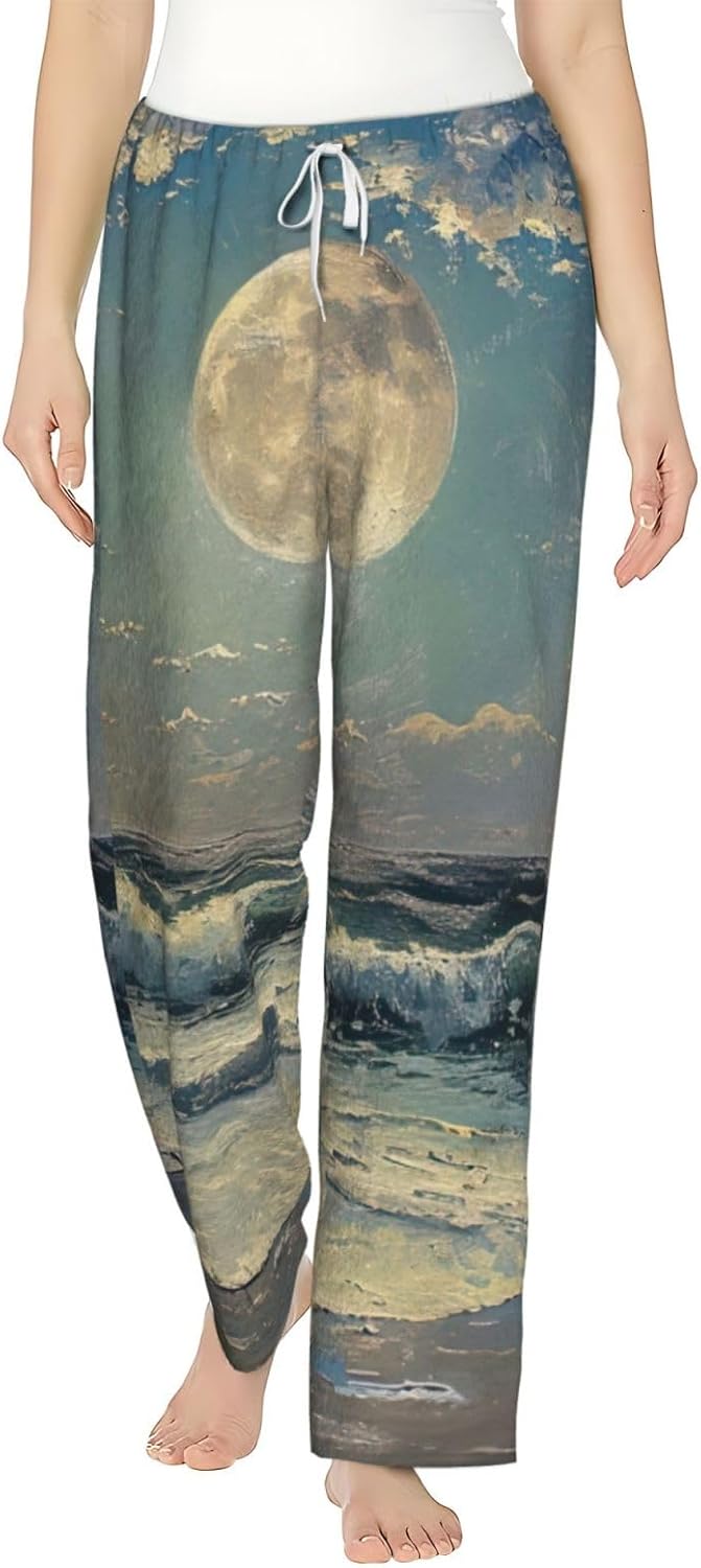 Moon And Sea Print Fashion Cozy Womens Flannel Pajama Pants,Perfect For Christmas And Everyday Wear