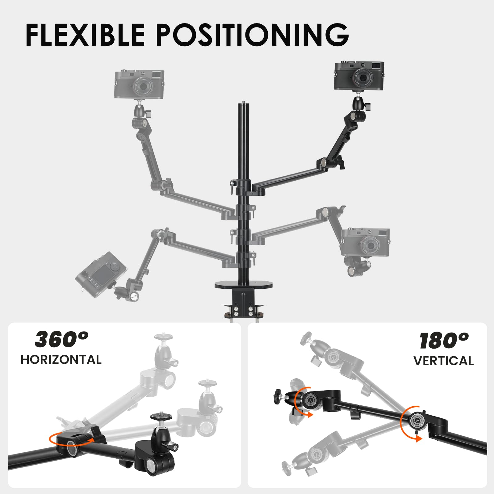 TARION Soporte Modular para cámara de Escritorio, Brazo de Escritorio DSLR de 48 cm con Cabeza esférica de Tornillo de 1/4 Pulgadas Ajustable a 360 Grados, Compatible con Varillas de 35 mm, Brazo