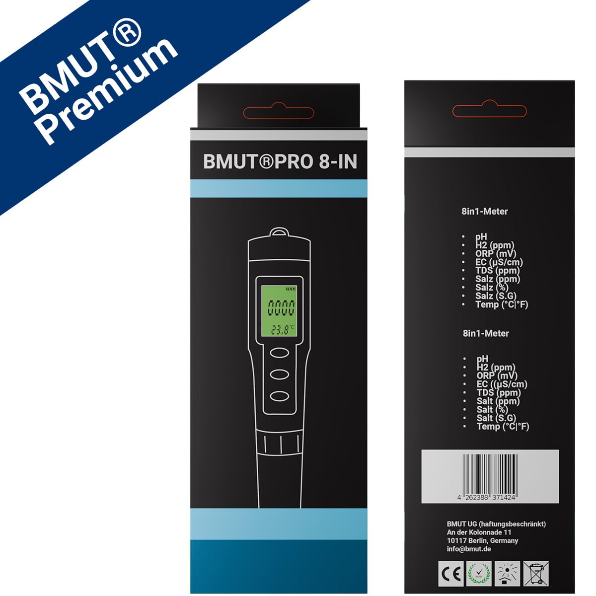 Miernik pH 8 w 1 do wody, pH | TDS | EC | zasolenia | ORP | H2 | termometr z wyświetlaczem LCD, bardzo precyzyjny tester wody – do wody pitnej, napojów, basenu i akwarium