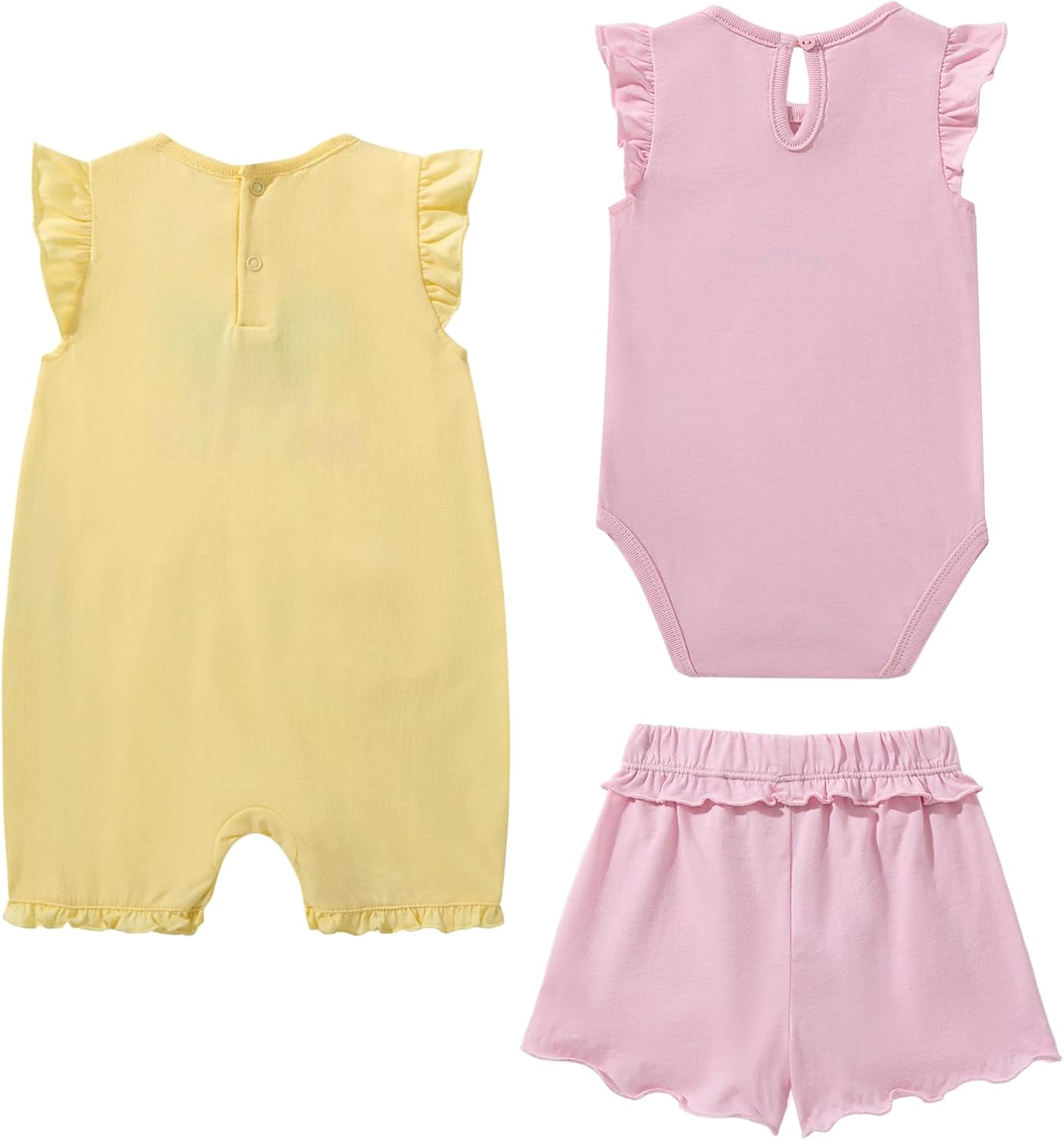 TRND O&X Baby Girl 3-Pack Cotton Outfit, Ruffle Romper Bodysuit Shorts Set with Cute Butterfly Rainbow Print