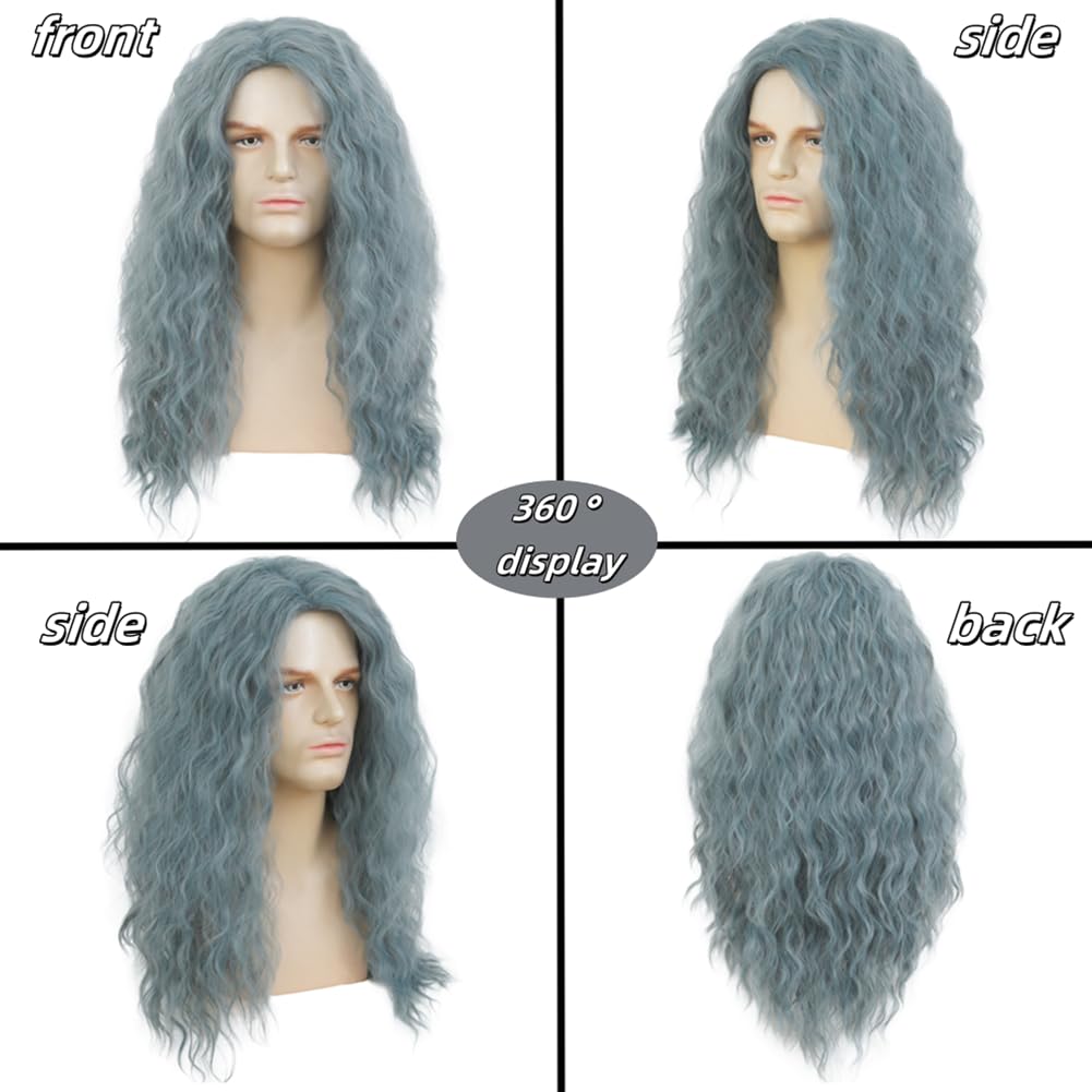 Mens Long Light Blue Curly Wave Wig 70s 80s Costume Wig Cosplay Anime Rocker Costume Party Male Hair Wigs