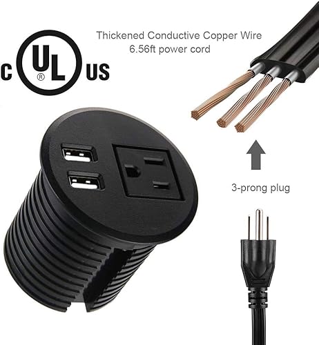 Miniatura 2 de Ojal de alimentación de escritorio de 2 38 pulgadas con orificios de mesa con 2 puertos de carga USB, cable de extensión de 6.5 pies con 1 toma de