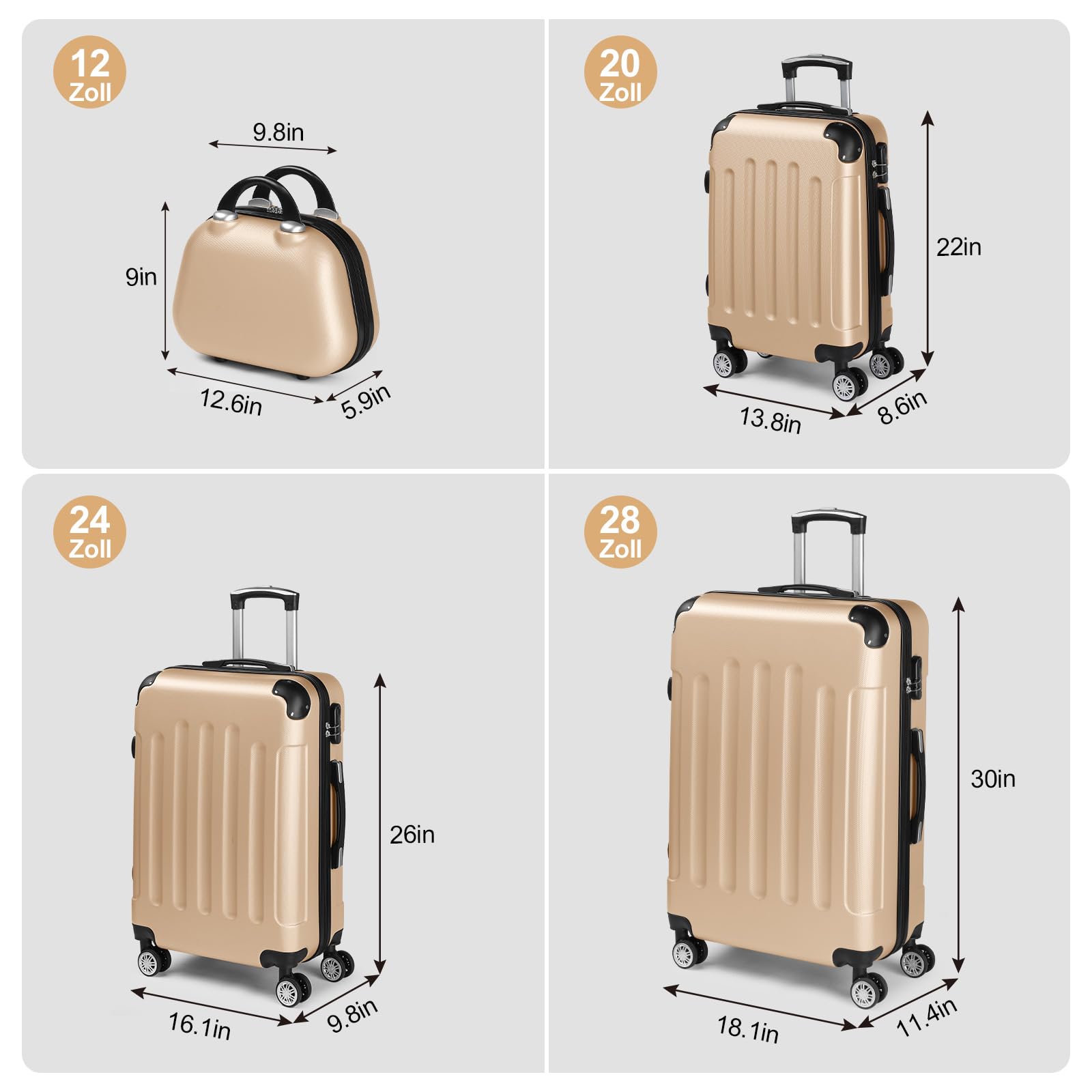 Bonnlo Set de 4 Valises avec Vanity Case，Valises de Voyage, Set Valise ABS avec Les Coins Renforcé et roulettes Pivotantes 360°, Champagne