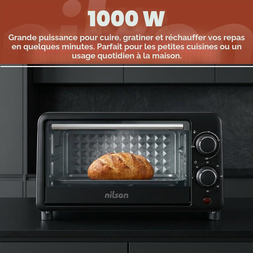 Four de Table de 10 L, Compact, 1000 W, Commande Mécanique, NHS1000N, Thermostat Réglable, Température Maximale 230°, Minuteur 60 min, Plateau Émaillé et Grille Métallique Inclus