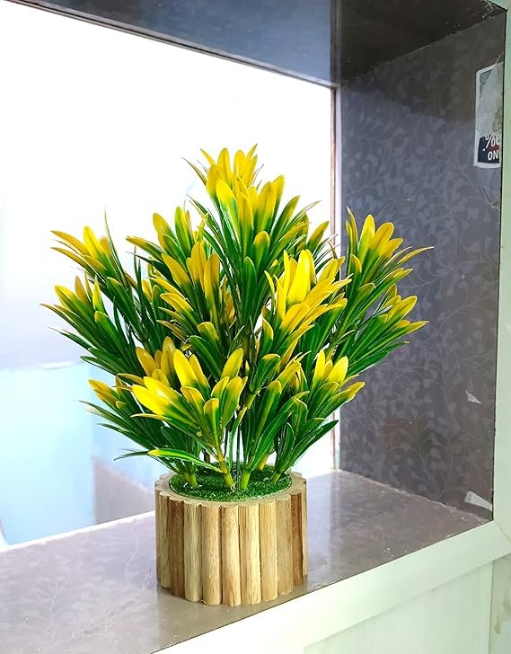 Image of Artificial Plant with Wooden Pot for Home Decor, Real Look Mini Fake Plant for Table, Office Desk & Living Room Decoration (22.5 CM, Green)