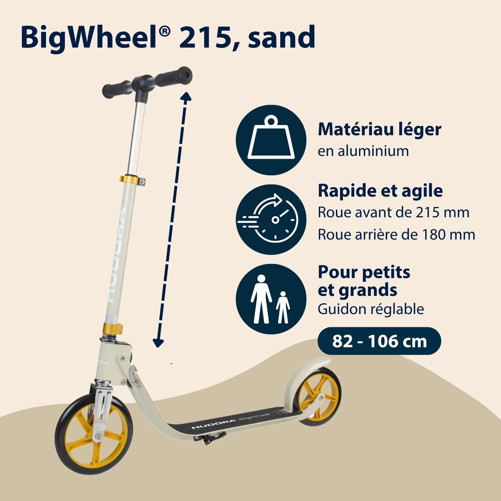 HUDORA BigWheel® 215 Trottinette en aluminium Confortable jusqu'à 100 kg Hauteur réglable et Pliable pour Enfants/Adolescents et Adultes
