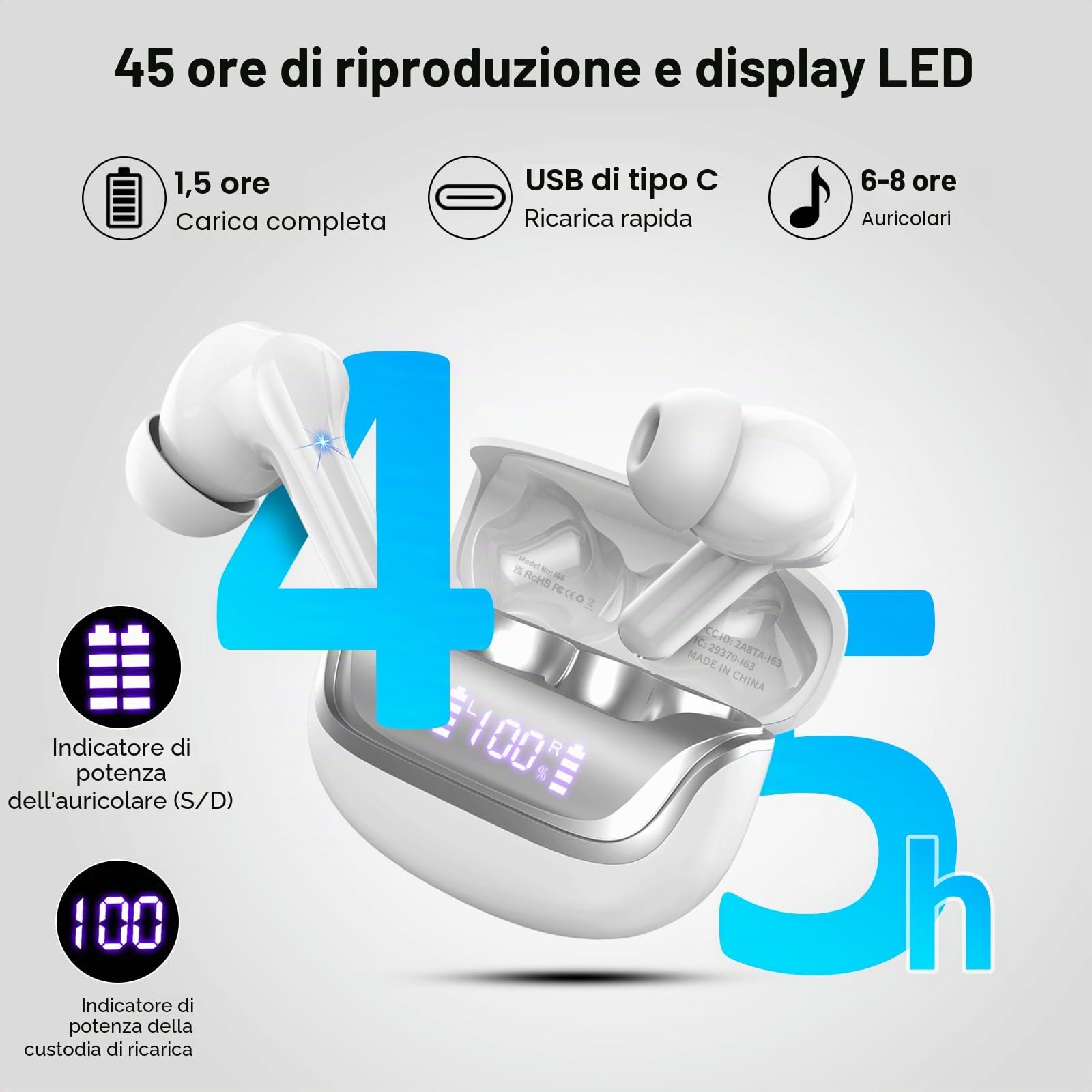 Cuffie Bluetooth, Auricolari Bluetooth 5.4 con 4 HD Mic, Cuffie Wireless In Ear Stereo HiFi, 45 Ore Cuffiette Bluetooth con LED Display, ENC Cancellazione Rumore, IP7 Impermeabili, Touch Control