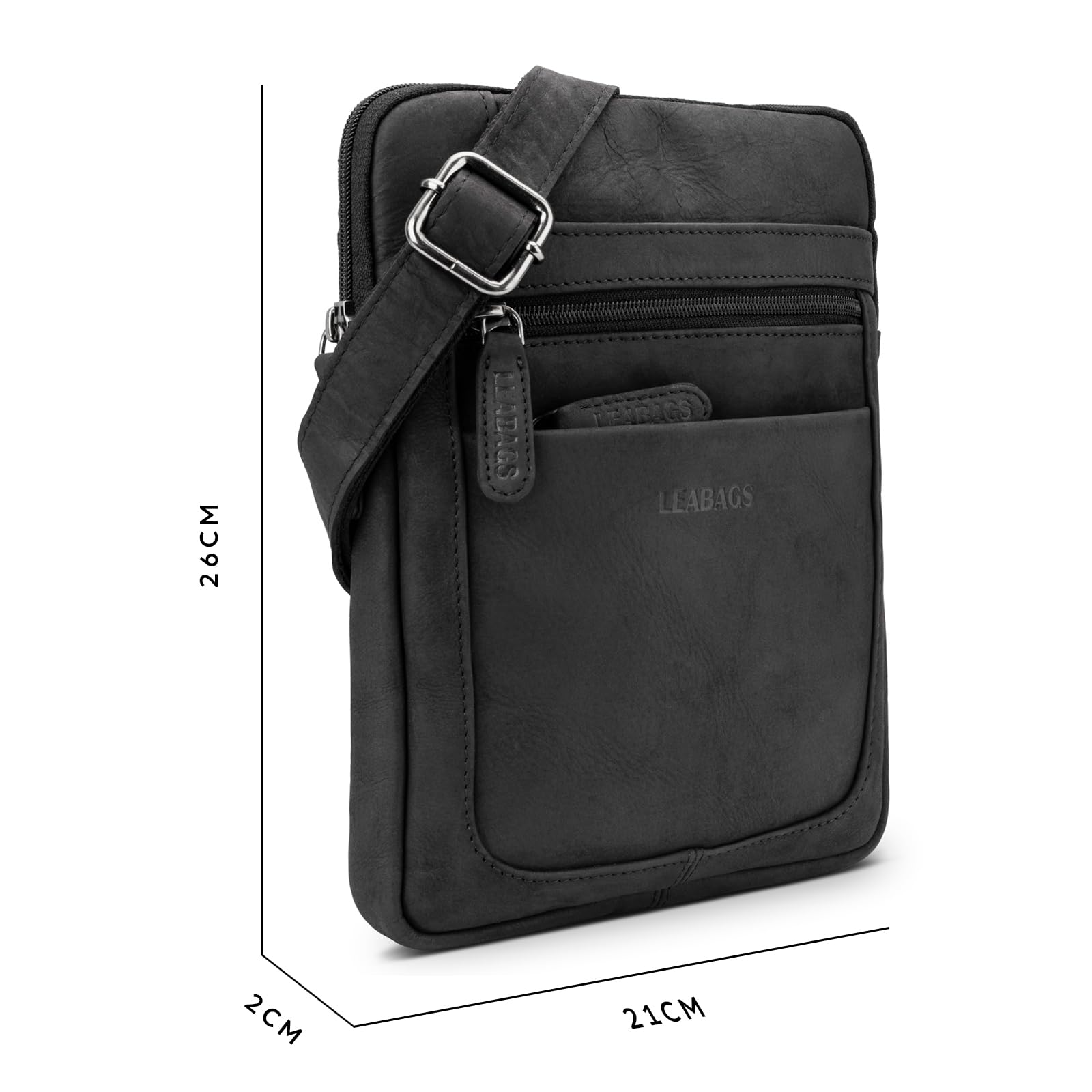 LEABAGS Detroit Umhängetasche Herren – Kleine Leder Umhängetasche 21x26 cm – Mini Crossbody Tasche mit Reißverschluss – Kompakte Alltagstasche