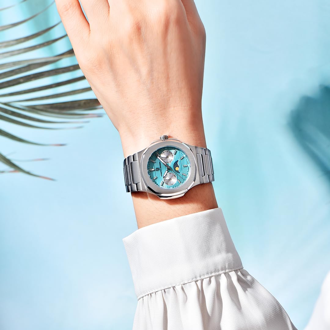 Quarz Damenuhren Luxus Edelstahl Wasserdicht Armbanduhr für Frauen Damen Armbanduhr Synthetischer Saphir Auto Datum Mondphase Wochenanzeige