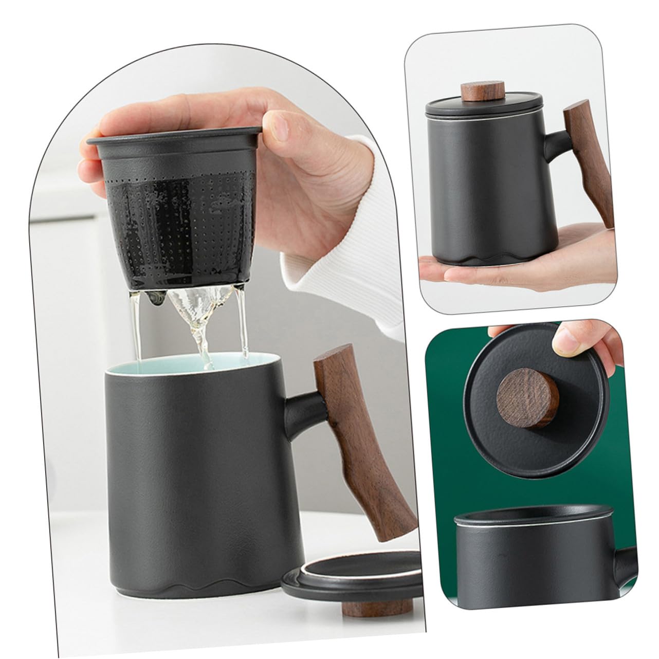 Keramik Teebecher 360ml Schwarz und Filter mit Holzgriff