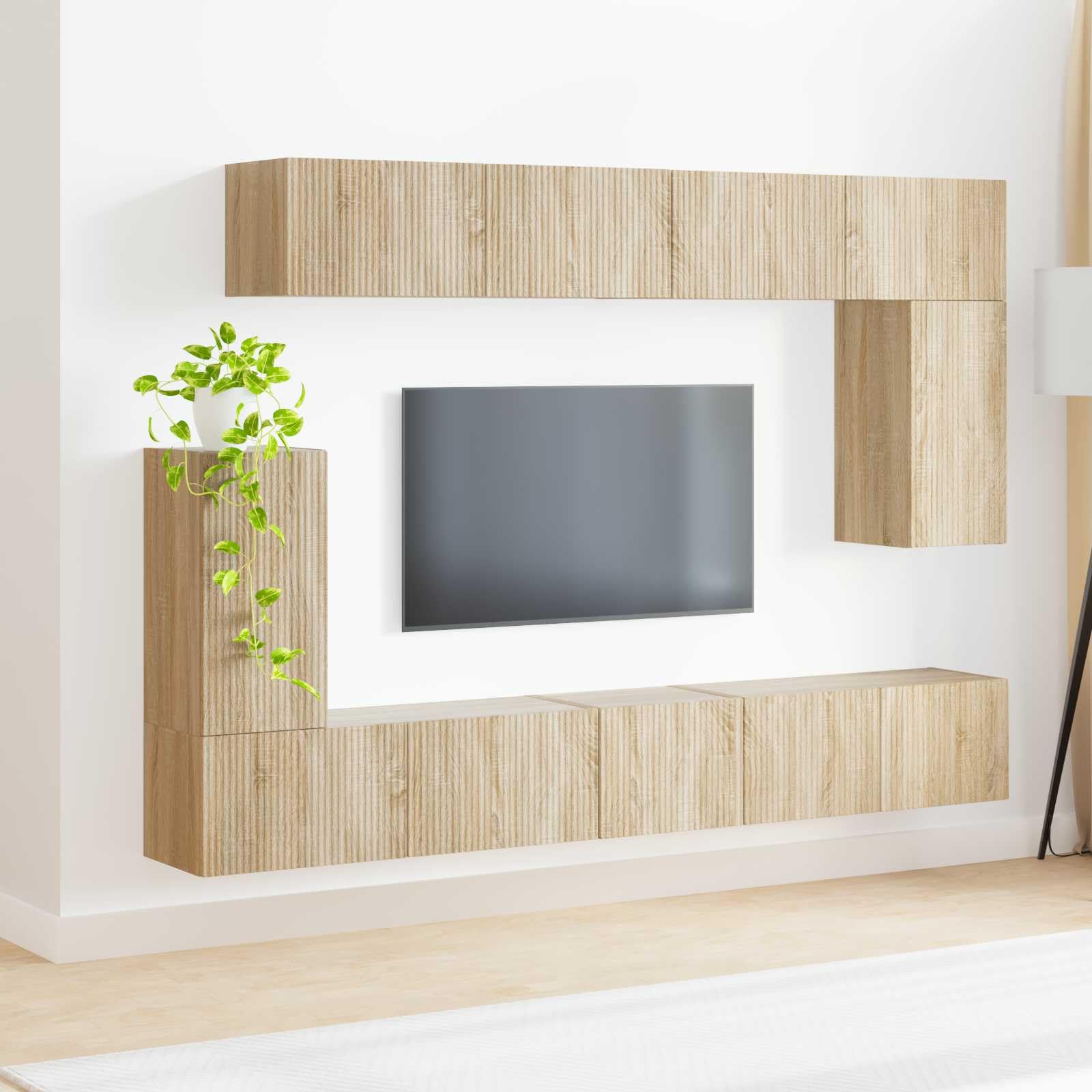 Zestaw szafek TV montowanych na ścianie, 5-częściowy, dąb sonoma, nowoczesne centrum rozrywki do salonu, 98 x 31 x 29,5 cm, oszczędność miejsca