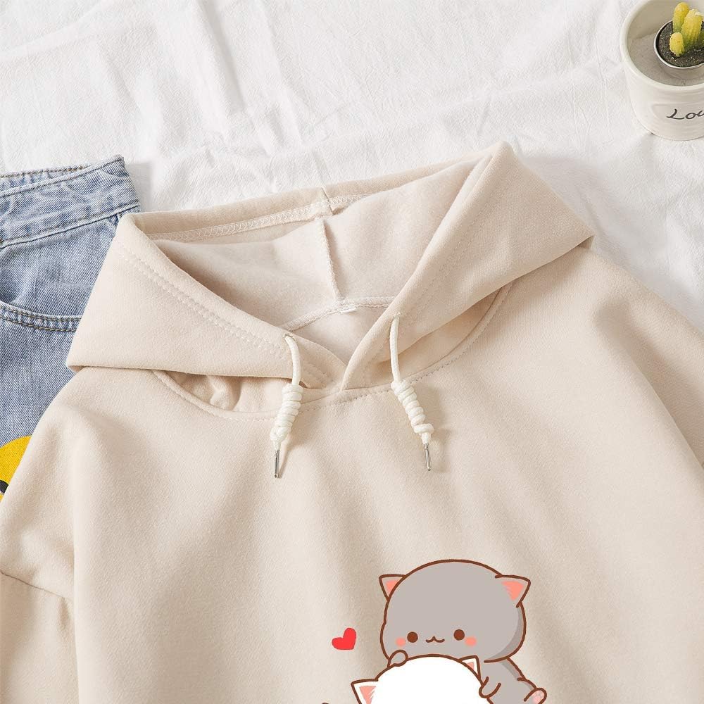 Women Kawaii Cartoon Cute Cat Graphic Casual Cotton Pullover Hoodies Sweatshirt - Image 3