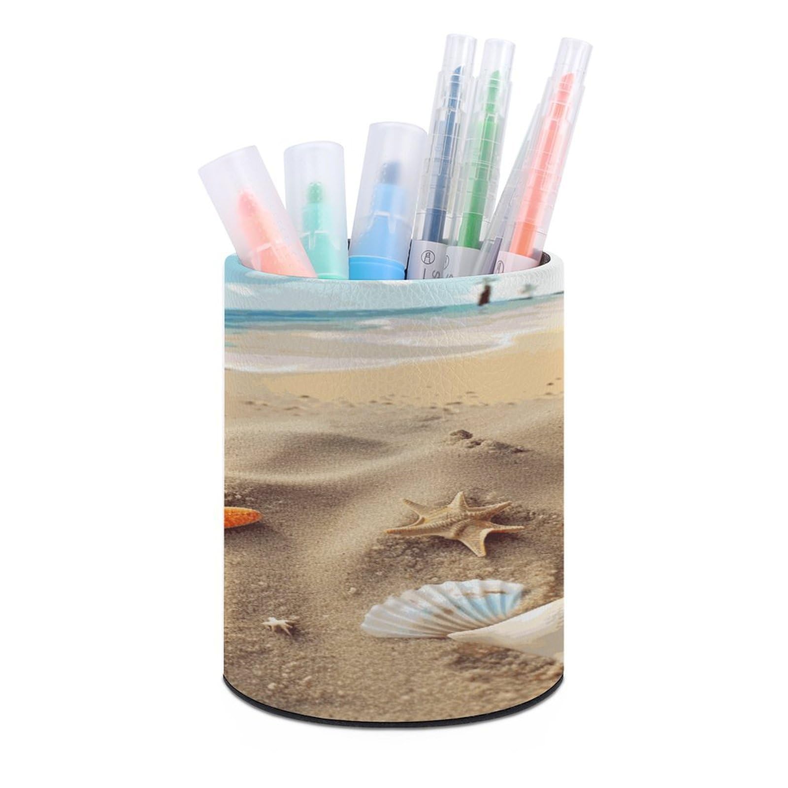 LDGSUPH Sea Beach Starfish Round Pen Holder Leather Pen Cup Pencil Cup Pen Organizer Pencil Holder for Desk Organizer Pencil Organizers Makeup Brush Holders for Home Office Gift