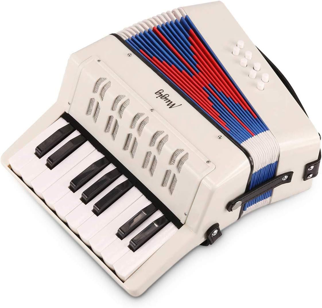 Piano Accordion, 17 Key Keyboard Piano with 8 Bass Button, include Air Valve, Adjustable Shoulder Strap, Kid Instrument for Early Childhood Development (White)