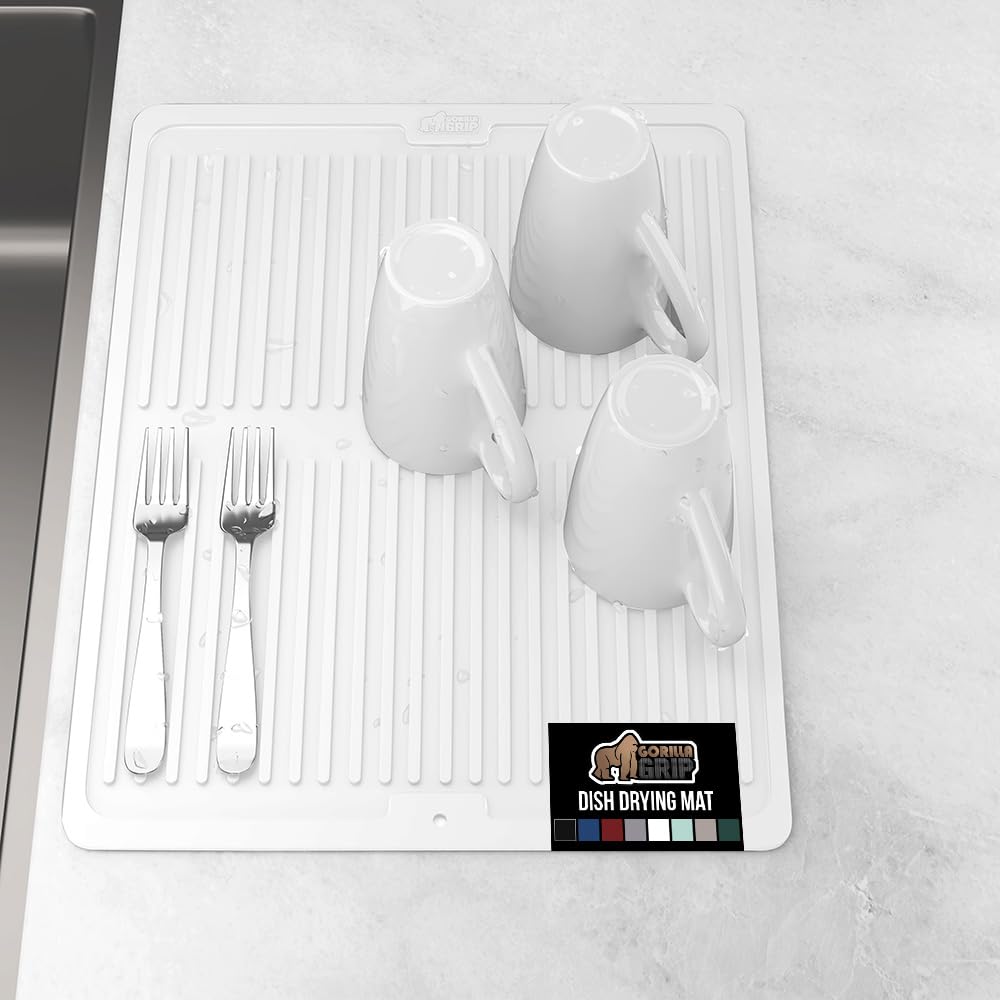 GORILLA GRIP 100% BPA-Free Patented Silicone Dish Drying Mat for Kitchen Counter, Water Catching Ribbed Design, Easy Clean Waterproof Sink Liner, Heat