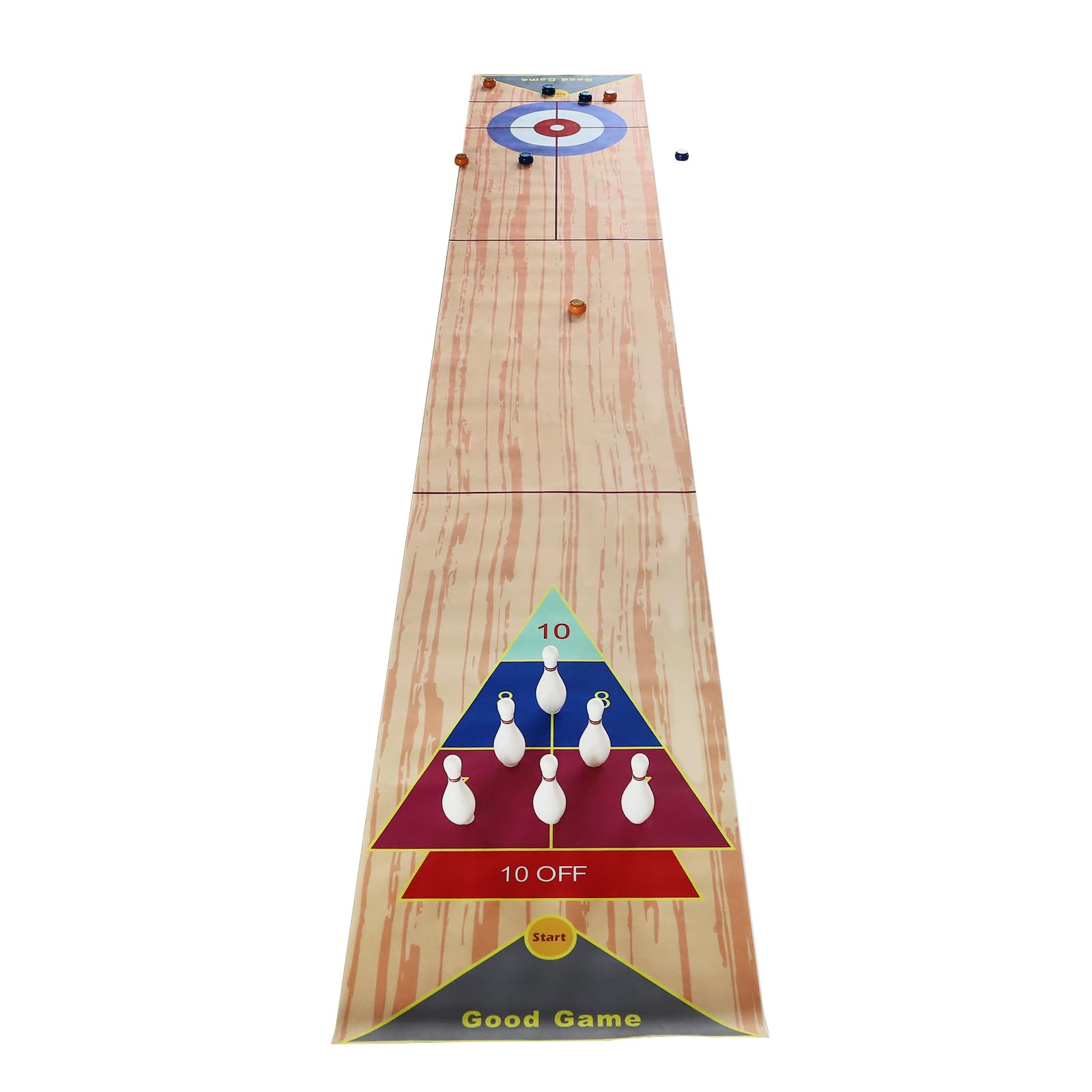 3 en 1 Shuffleboard Bowling, tabla de juegos superiores, juego portátil de curling con 6 bolos y 2 putters, diversión familiar para niños y fiestas