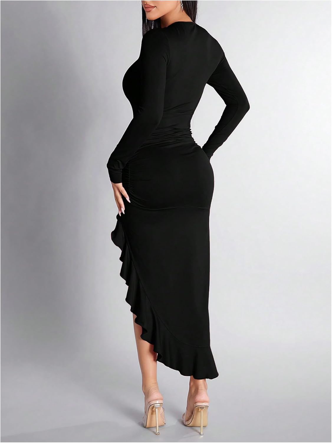 Floerns Women's Long Sleeve Bodycon Dress Asymmetrical Ruffle Hem Ruched Party Midi Dresses