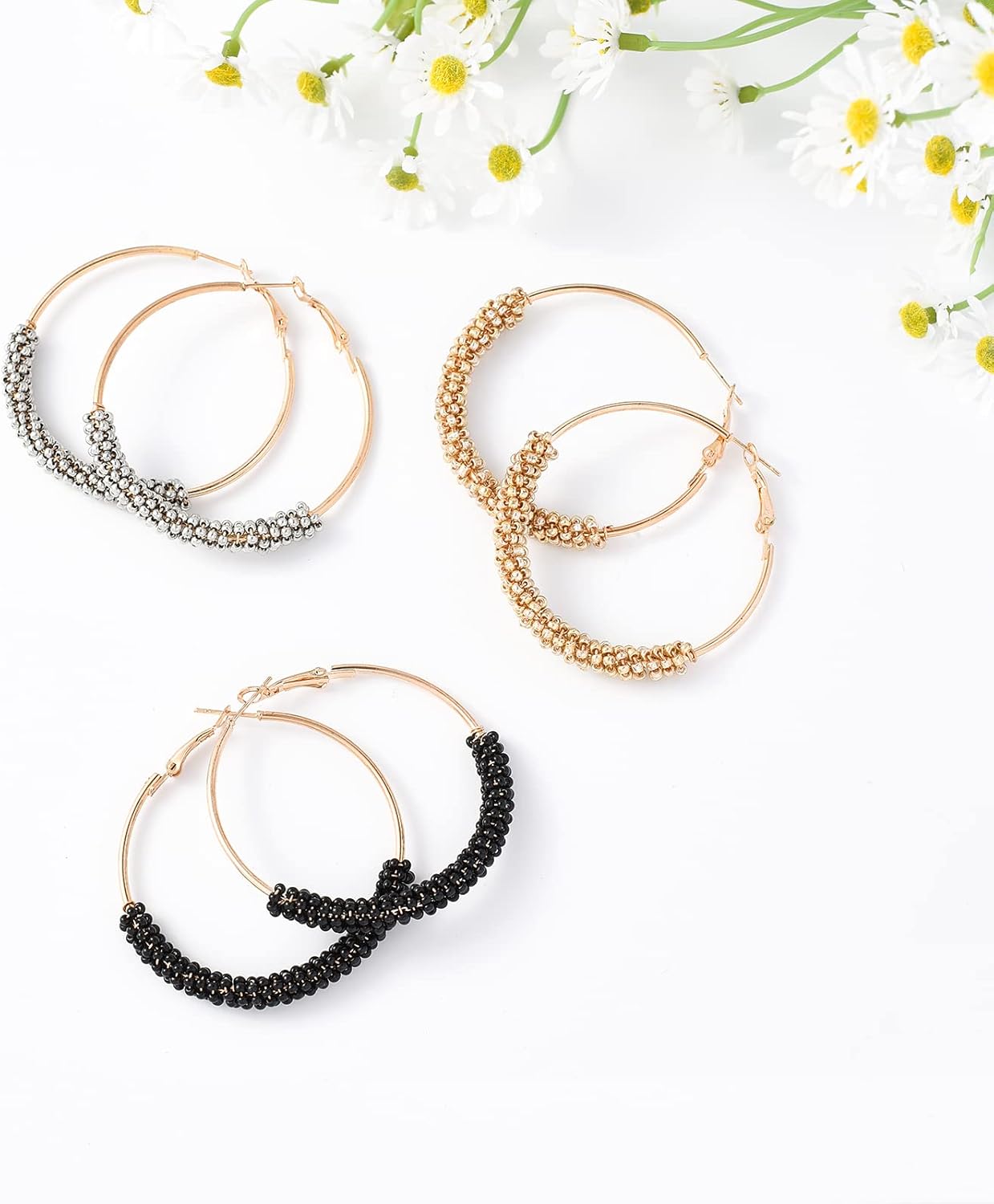 Jinxiuge 6 Pair Beaded Hoop Earrings Boho Flower Round Earrings Women's Handmade Earrings Set - Image 5