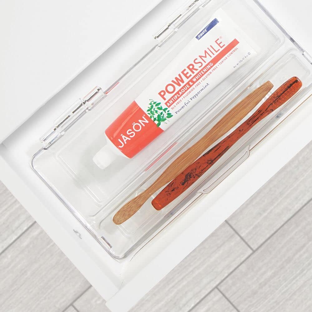 mDesign Plastic Toothbrush Holder, Storage Organizer Bin for Bathroom Vanity, Cabinet, Closet, Drawer - Holds Electric Toothbrush, Toothpaste, Dental Floss, Teeth Whitening Strips - Hinged Lid - Clear : Home & Kitchen