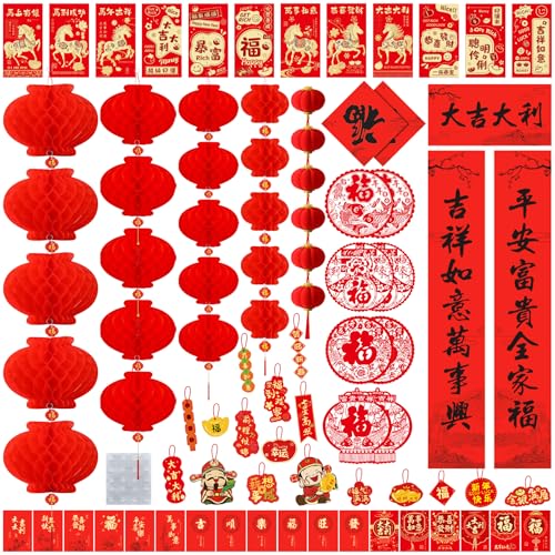 Chinese New Year Decorations 2026 Lunar New Year Red Envelopes Couplets Paper Lanterns Hanging Ornaments Fu Characters Spring Festival Indoor Outdoor Lucky Decor Window Party Dcor