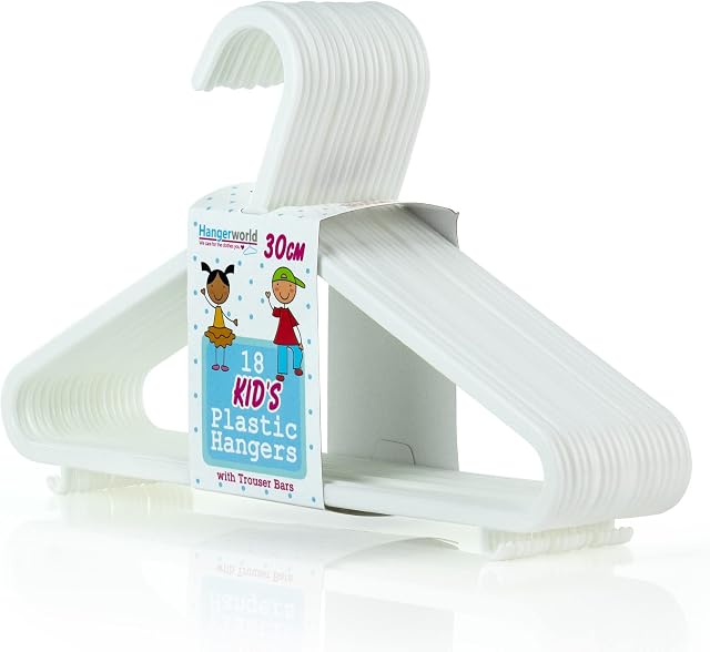 HANGERWORLD 18 Pack of White Plastic Children's Coat Hangers - 30cm for Baby and Toddler Clothes Storage, No Shoulder Bumps with Lower Hooks for Vests